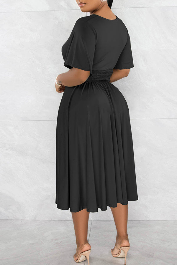 Temperament Solid Color V-neck Short-sleeved Pleated Midi Dress