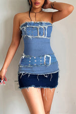 Contrast Panel Skinny Wrap Denim Mini Dress