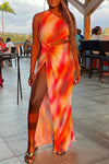 One-Shoulder Cutout Slim Slit Printed Maxi Dress