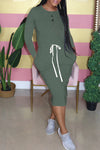 Casual Solid Color High Waist Drawstring Round Neck Long Sleeve Midi Dress