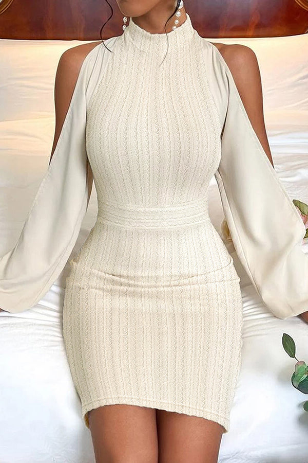 Solid Color High Neck Jacquard Long Sleeve Off Shoulder Mini Dress
