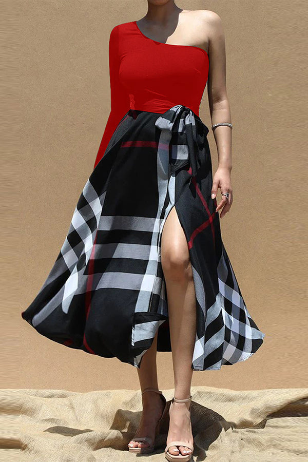 Casual One-shoulder Plaid Slit Maxi Dress