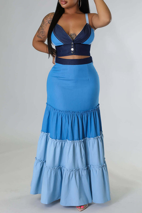 Casual Contrasting Color Camisole Skirt Two-piece Set
