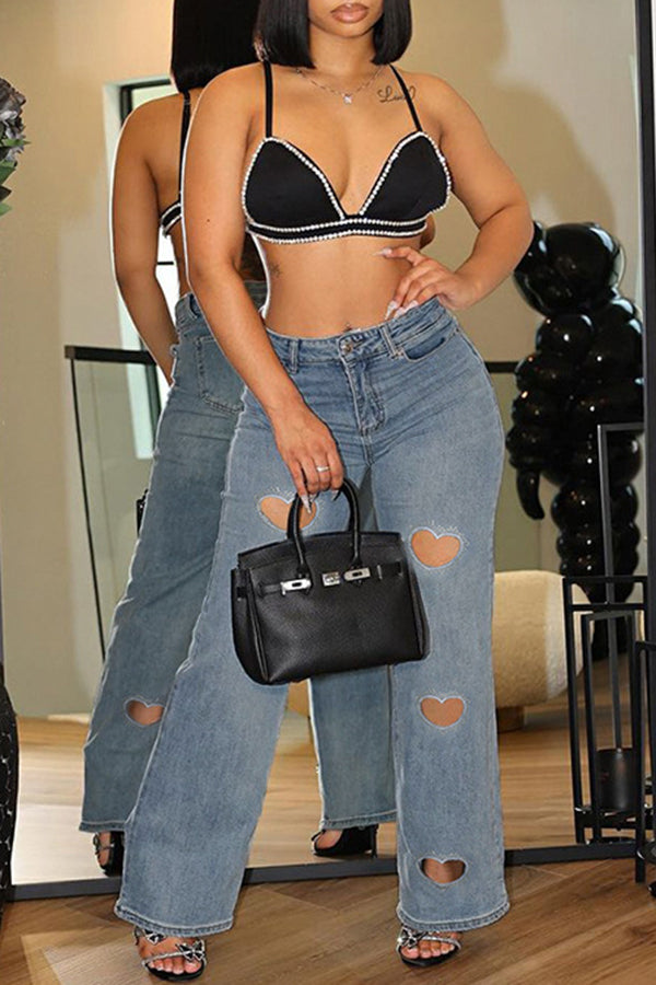 Solid Color Straight Slim High Waist Zip Jeans