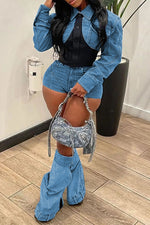 Casual Denim Patchwork Shirt And Shorts Two-piece Set