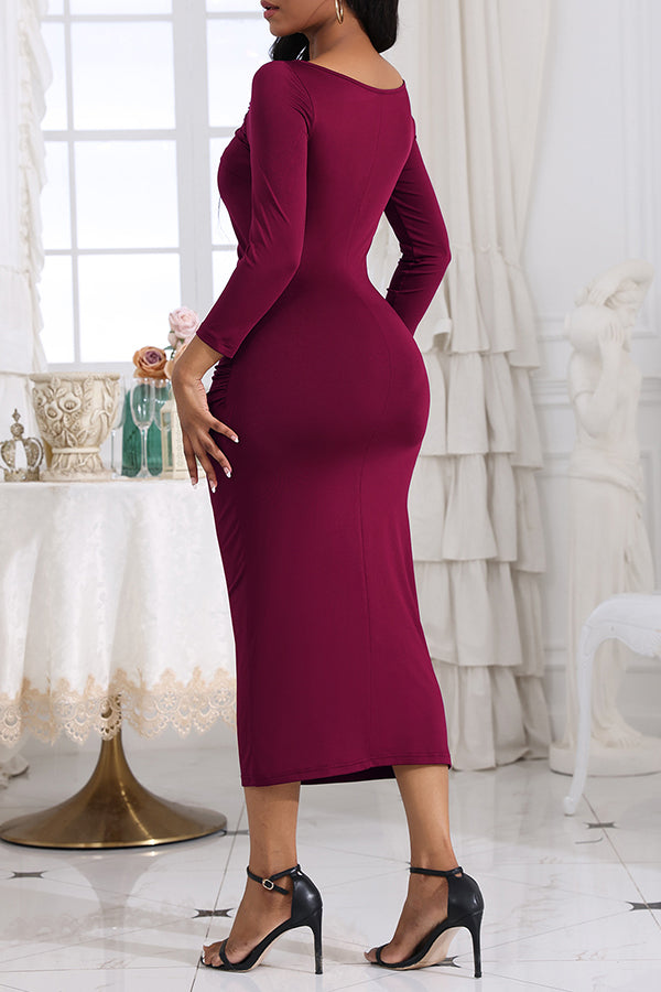 Elegant Pleated Slim-fitting Long-sleeve Midi Dress
