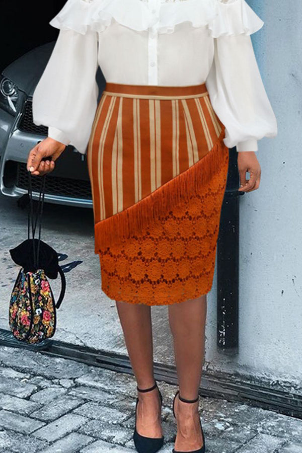 Elegant Fringed Patchwork Lace Skirt