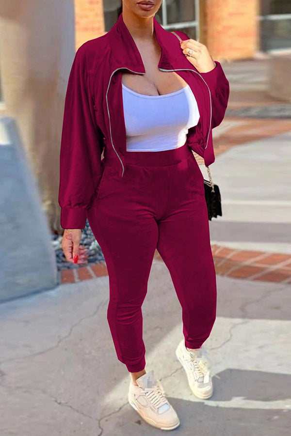 Casual Velvet Solid Color Sports Two-piece Set