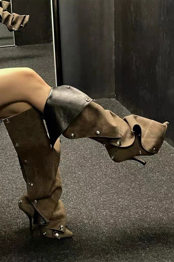Pointed Toe Metal Rivet Denim Patchwork Boots