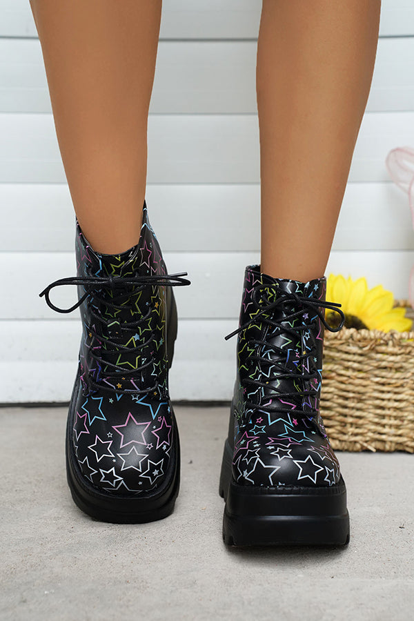 Casual Thick Sole Five-pointed Star Printed Short Boots