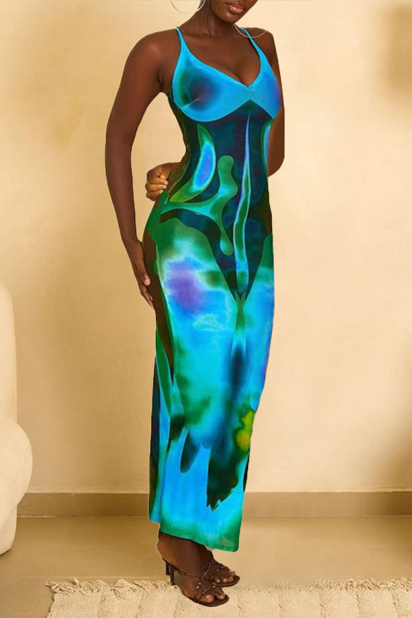 Backless Tight High Stretch Printed Maxi Dress