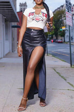 Casual PU Leather High Slit Skirt