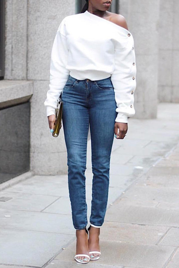 Casual Off-the-shoulder Buttoned Long-sleeve Top