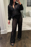 Casual Fringed Sequined See-through Shirt Two-piece Set