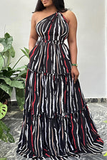 Elegant One-shoulder Striped Backless Maxi Dress