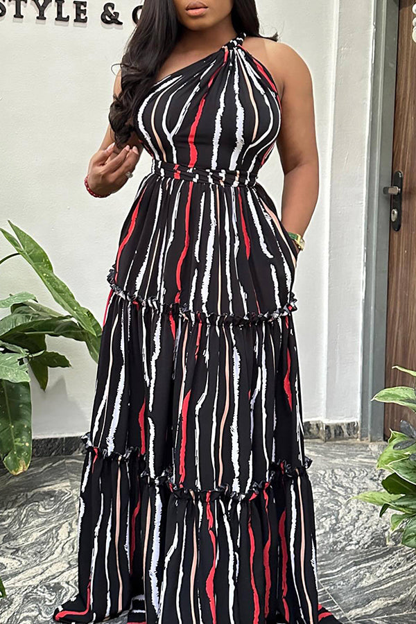Elegant One-shoulder Striped Backless Maxi Dress