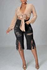 Fringed Hole Stretch Cropped Jeans