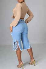 Fringed Hole Stretch Cropped Jeans