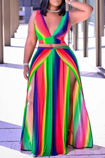 Gradient Rainbow Strip Sexy V-neck Two-piece Dress Suit