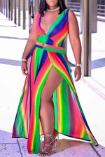 Gradient Rainbow Strip Sexy V-neck Two-piece Dress Suit