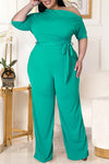 Solid Color Asymmetrical Diagonal Flared Jumpsuit(With Belt)