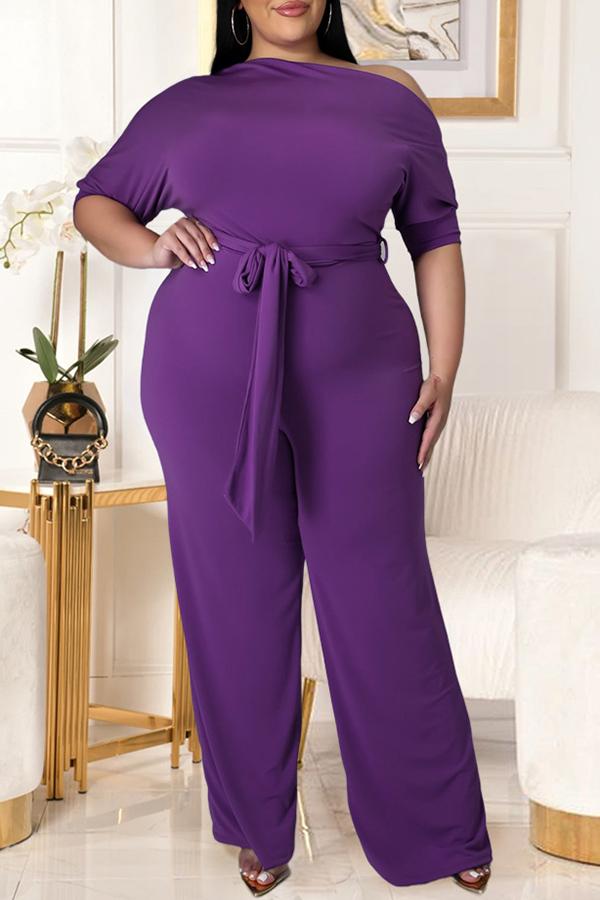 Solid Color Asymmetrical Diagonal Flared Jumpsuit(With Belt)
