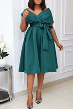 Cross V-neck Bowknot Knotted High Waist Pleated Gown Dress