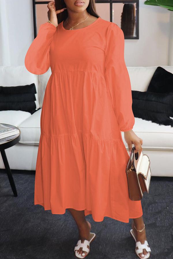 Casual Pleated Loose Long-sleeved Round Neck Dress
