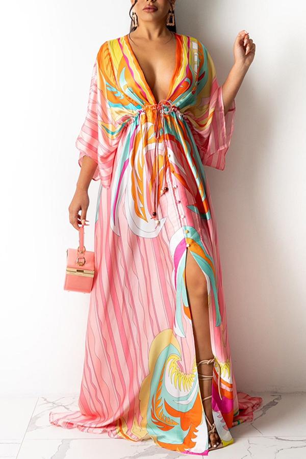 Casual Fashion Lace-Up V Neck Print Maxi Dress