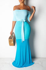 Fashion Gradient Color Block Stitching Fishtail Maxi Dress