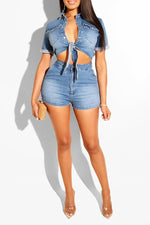 Fashion Casual Knotted Pocket Denim Two-piece Suit