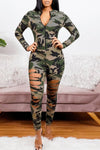 Plus Size Fashion Camouflage Ripped Zipper Jumpsuit