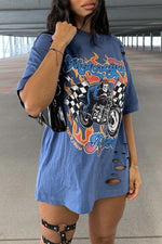 Cool Printed Hole Loose Short Sleeve Round Neck T-Shirt