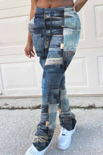 Fashion Imitation Denim Printed Drawstring Pile Pants