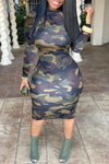 Camouflage Round Neck Long Sleeve Midi Dress Plus Size
