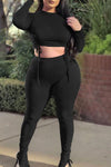 Plus Size Casual Solid Color Knitted Long-sleeved Drawstring Pants Suit