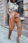 Casual All-match Solid Color Pleated Pocket Leather Pants