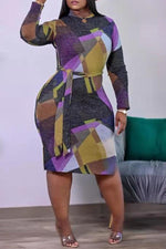 Colorblock Geometric Print Midi Dress With Belt