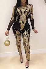 Sexy Mesh Sequin Embroidery Long-sleeved Jumpsuit