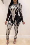 Sexy Mesh Sequin Embroidery Long-sleeved Jumpsuit
