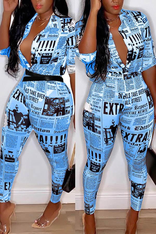 Newspaper Print Casual Long Sleeve Two-piece Suit