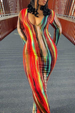 V-neck Long Sleeve Sexy Abstract Striped Print Dress