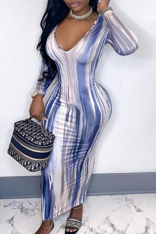 V-neck Long Sleeve Sexy Abstract Striped Print Dress