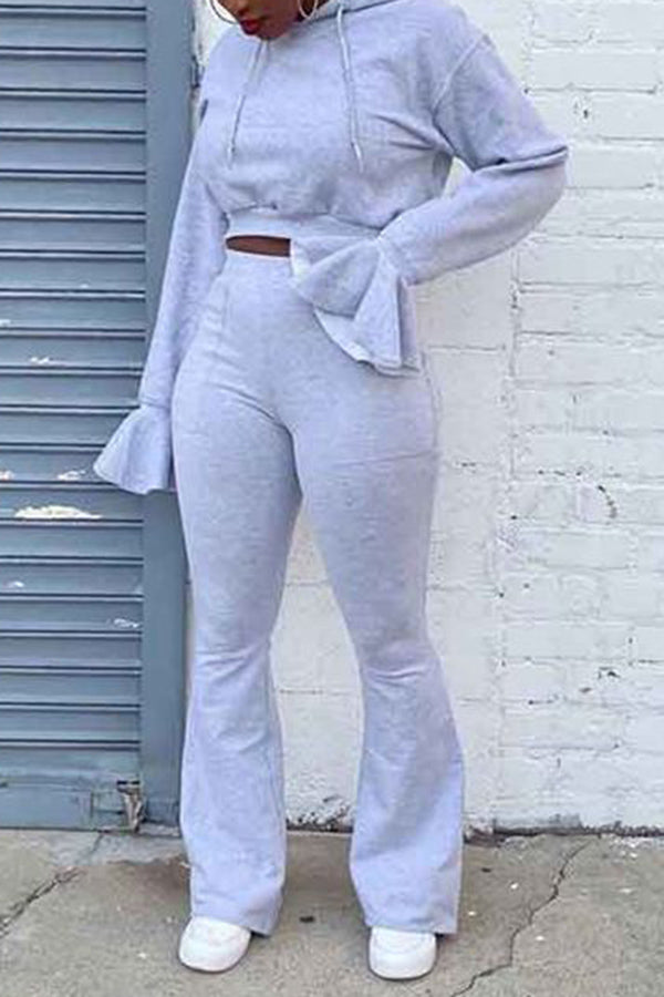 Solid Color Flared Sleeve Hooded Sweatshirt Pant Suit