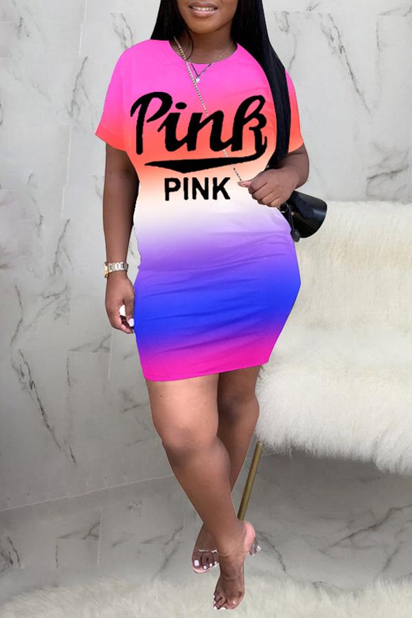 Pink Letter Print Rainbow Gradient Mini Dress
