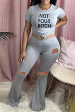 Fashion Casual Letter Printed T-shirt Flared Hole Pants Set