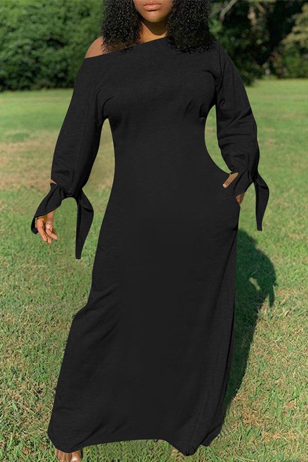 Pure Color Knotted Long Sleeve Casual Pocket Maxi Dress Plus Size