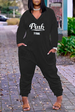 PINK Letter Print Long-sleeved Casual Loose Jumpsuit Plus Size