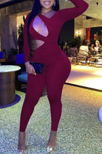 Fashion Solid Color Asymmetrical Hollow Exposed Waist Sexy Jumpsuit