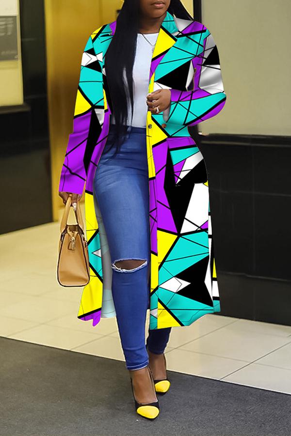 Abstract Colorblock Print Double-breasted Lapel Windbreaker Plus Size